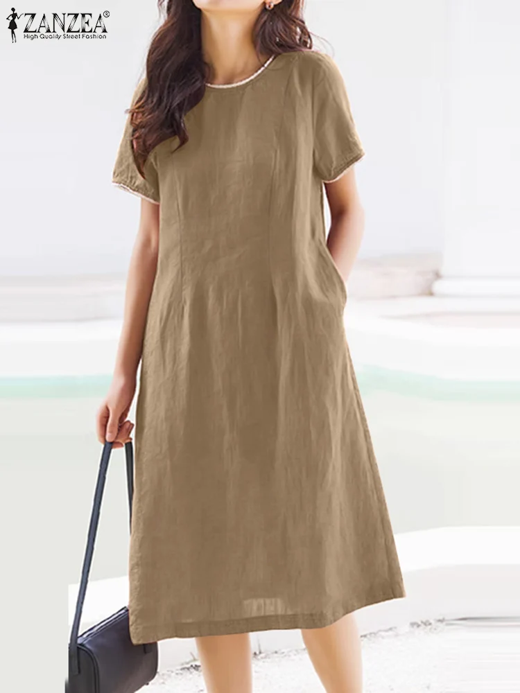 

ZANZEA Summer Fashion Short Sleeve Solid Midi Sundress Women Elegant Work Party Dress Baggy Robe Femme Casual Loose Vestidos