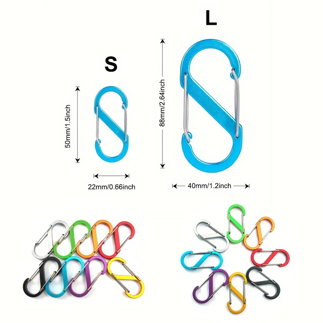 Clip antifurto con cerniera in lega di alluminio tipo S da 8 pezzi con per zaini da viaggio per pesca, escursionismo, campeggio all'aperto