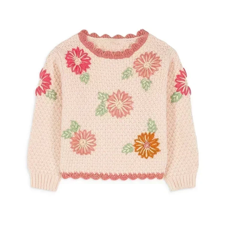 In Stock! Kids Sweater 2024 Autumn/Winter New LM Girls\' Flower Embroidered Sweater Long Sleeve Cardigan Sweater Embroidered Pant