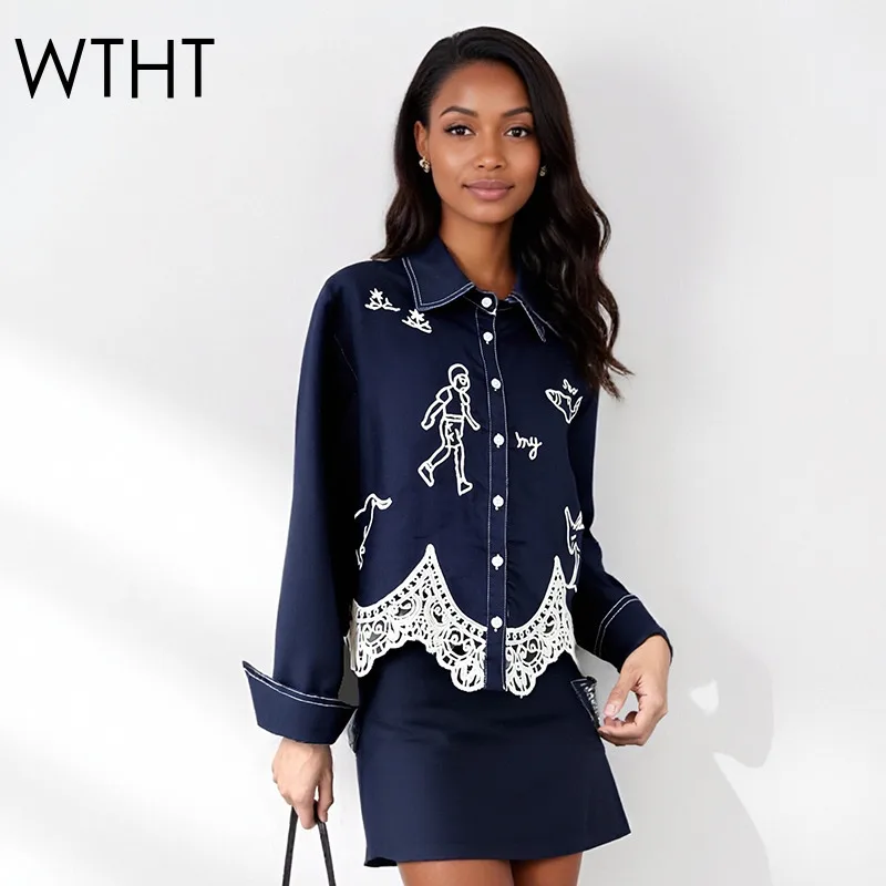 

WTHT Fashion Women's Spliced Lace Edge Embroidery Design Slim Shirt 2025 Autumn New Long Sleeves Lapel Blouse Female 1LS2439