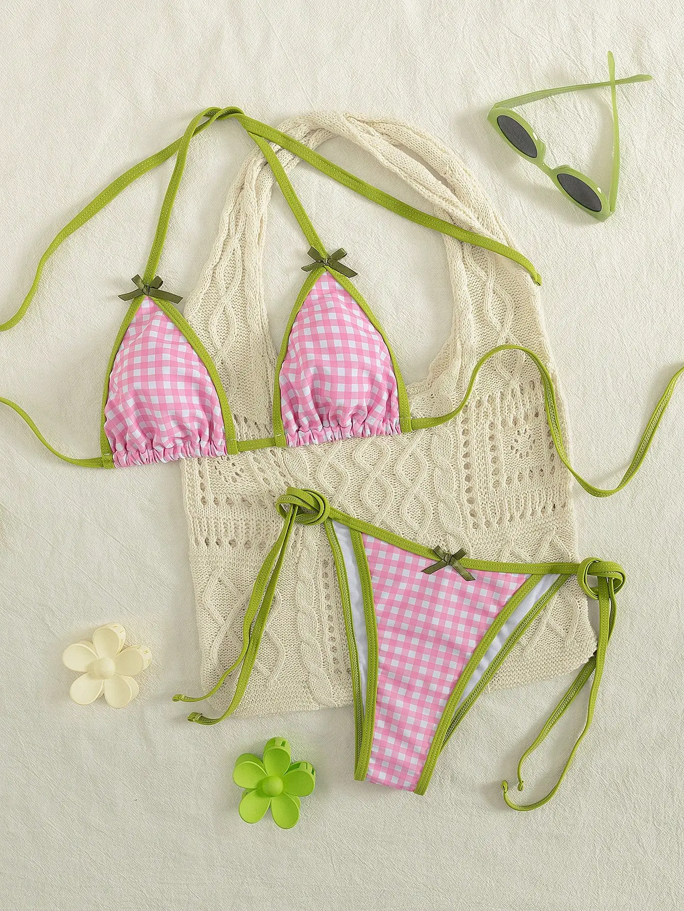 

Women 2pcs Pink Gingham Lace-Up Triangle Bikini Set Beach Vacation Swimwear