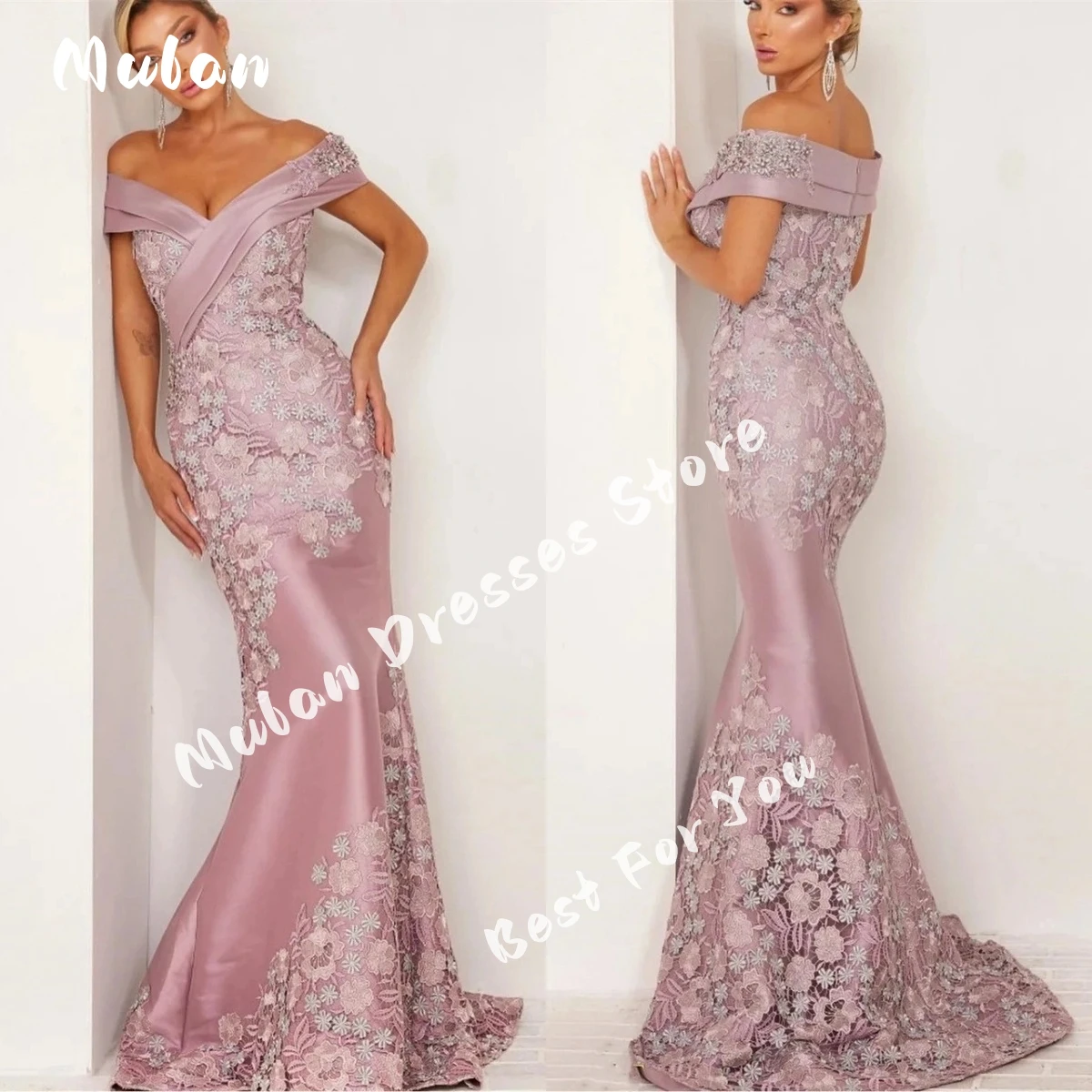 

Customized Off Shoulder Floral Lace Satin Prom Dresses Mermaid Sleeveless Women Evening Dresses 2025 Formal Wedding Party Gown