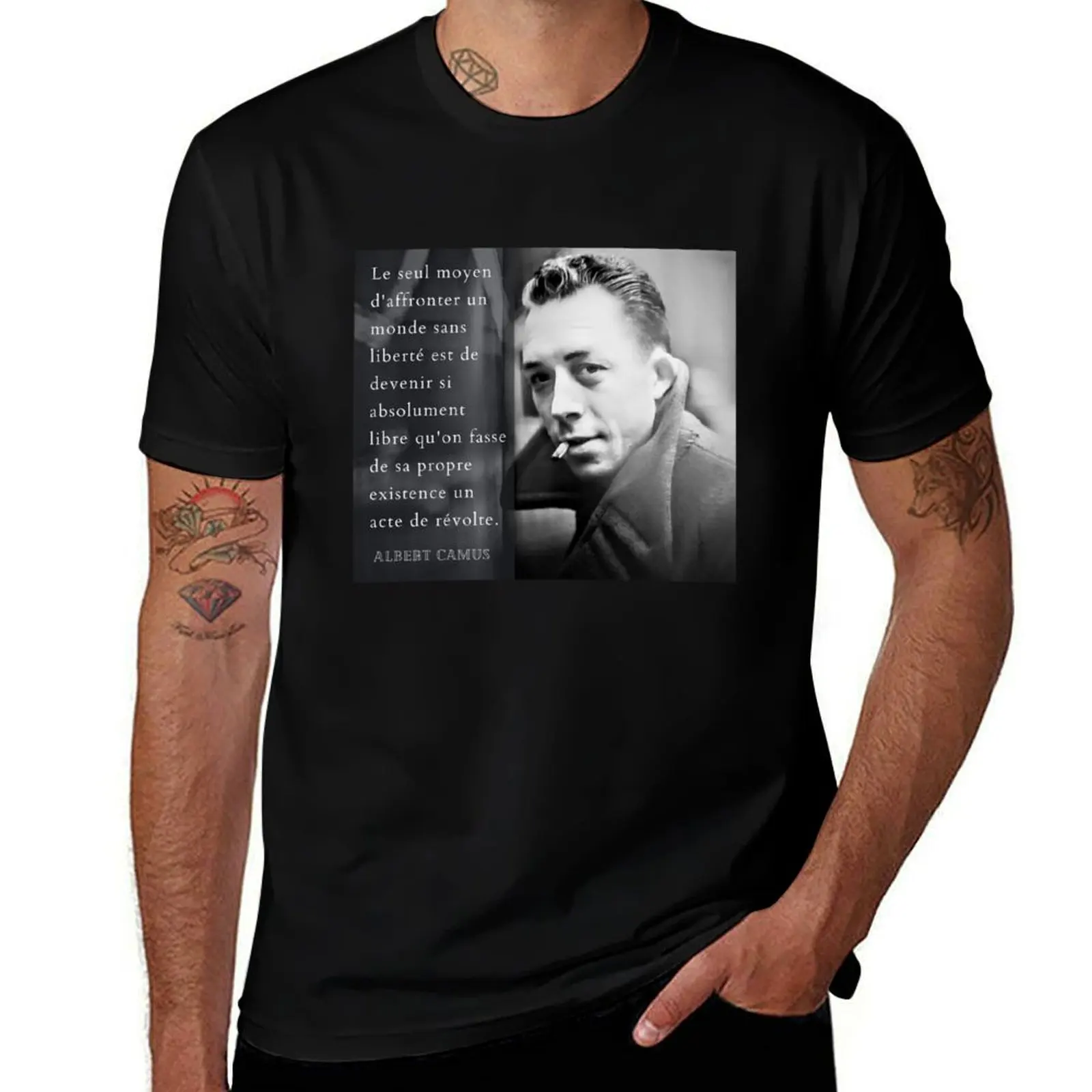 Albert Camus portrait and quote: Le seul moyen d'affronter un monde sans T-Shirt cotton t shirts high quality T-Shirt #1