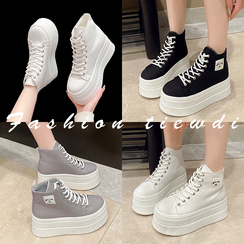 Women's Canvas Thick Bottom Heightening Platform Sneakers Spring New Style Breathable High Top Casual Sports Single Shoes - view 6