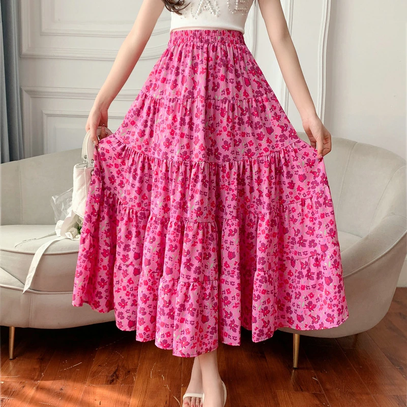 

Summer Floral A-line Chiffon Long Skirts Elastic Waist Cakee Patchwork Calf Long Boho Skirt