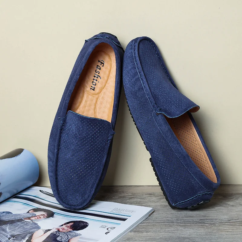 Blue Genuine Leather Men Loafers Shoes Casual Slip On Designer Breathable Moccasins Italian Men Driving Shoes Loafers Mannen