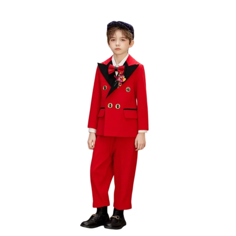 Children New Year Red 3Pieces/Set Jacket Pants Bowtie Photograph Suit Kids 1 Year Birthday Costume Boys Wedding Party Dress