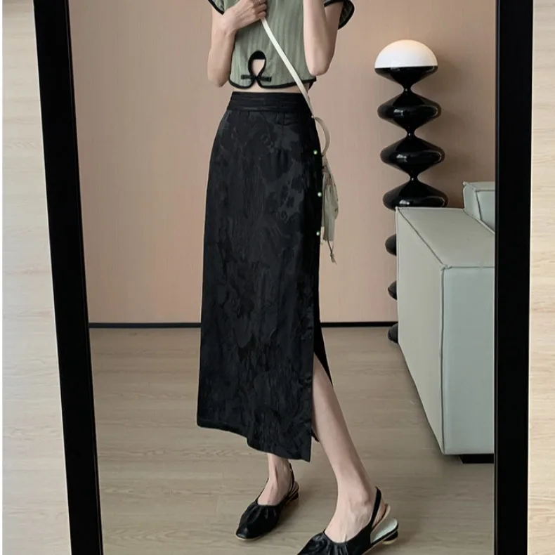 2024 Summer Spring Women High Waisted Dobby Floral Pattern Green Black Skirt , Woman Chinese Style Jacquard Flower Skirts