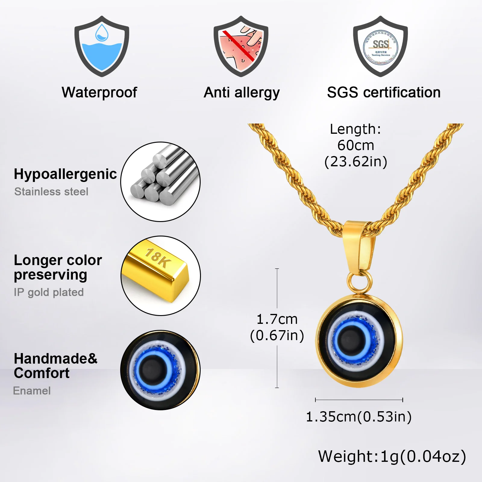 Lässige böse blaue Augen-Halsketten für Männer und Jungen, runder Anhänger aus Edelstahl, ethnisches türkisches Amulett, Geschenke, Schmuck – Detail 4