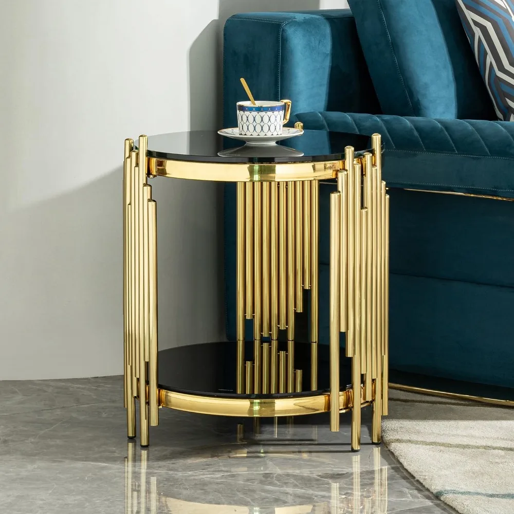 Luxury Modern 2 Tier Black Tempered Glass top Round Side Table with Gold Stainless Steel Frame, Elegant End Table for Living Roo