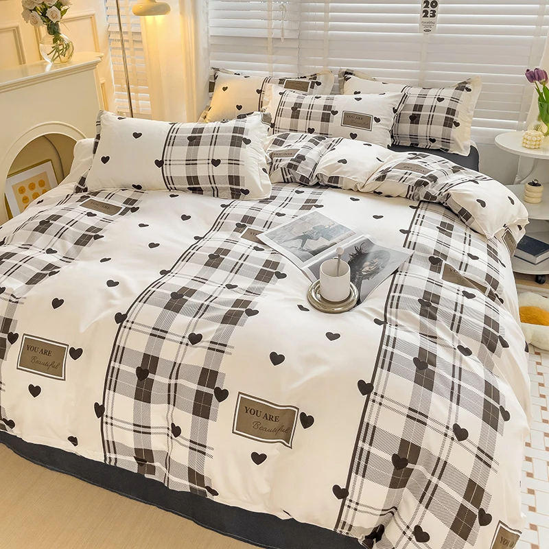 Home Textile Cute Bear Bedding Set Wave Point White Duvet Cover Flat Sheet Pillowcases Single Double Queen King Size Bed Linens