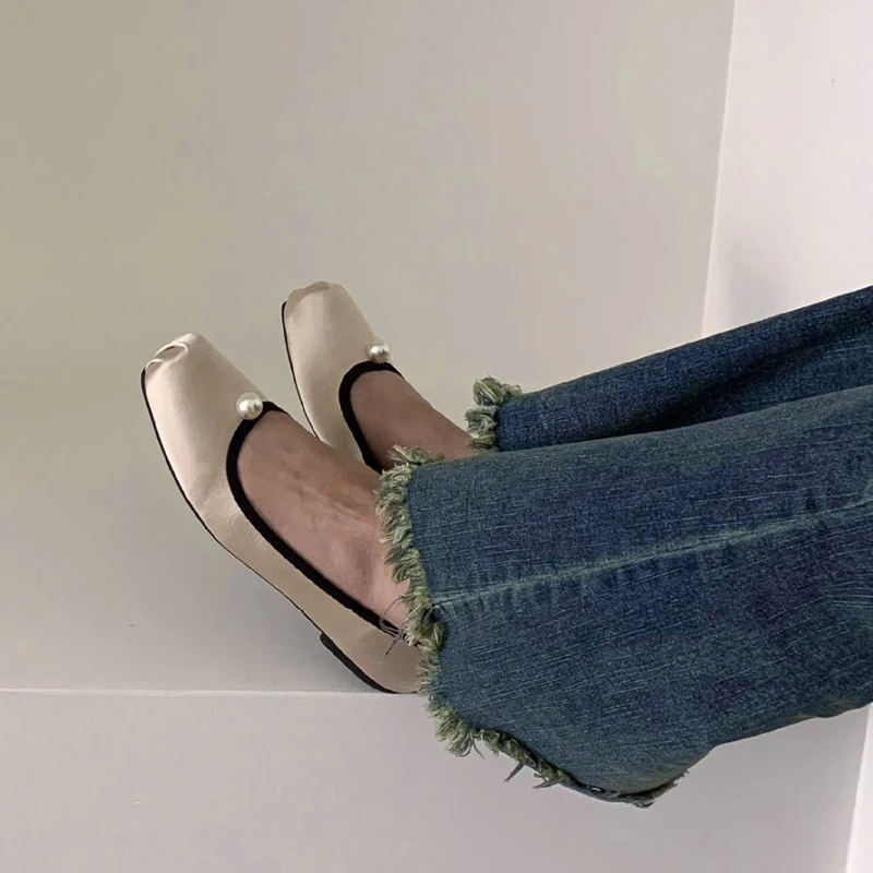 2024 Spring Summer New Elegance Ballet Shoes Women Square Head Satin Surface Flat Shoes Retro Fashion Grandma Shoes Pearl