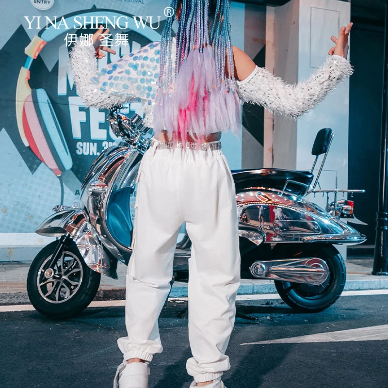 Girls Jazz Dance Suits K-pop Street Dance Hip-hop Costumes Fashionable Sequins Top Hollow Pants Set Kids Models Catwalk Costumes