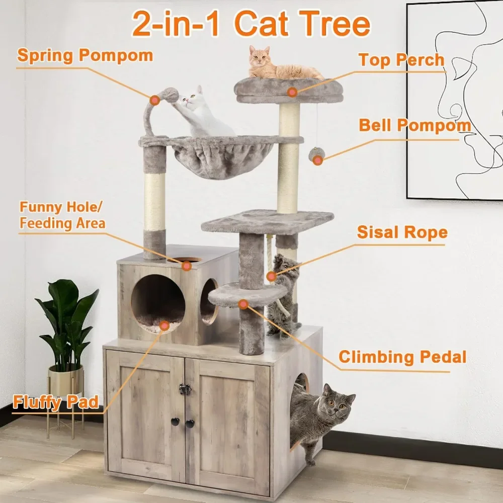 

2-in-1 Cat Tree with Litter Box Enclosure, Large Wood Cat Condo for Indoor Cats, Scratching Posts & Pompoms