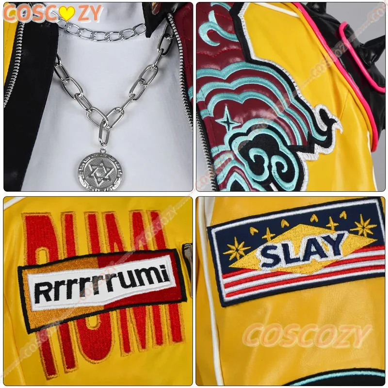 Disfraz de Rumi, peluca bordada, chaqueta de cuero PU amarilla, pantalones cortos, KPop Demon Hunters Huntrix, uniforme, pendientes, accesorios, traje