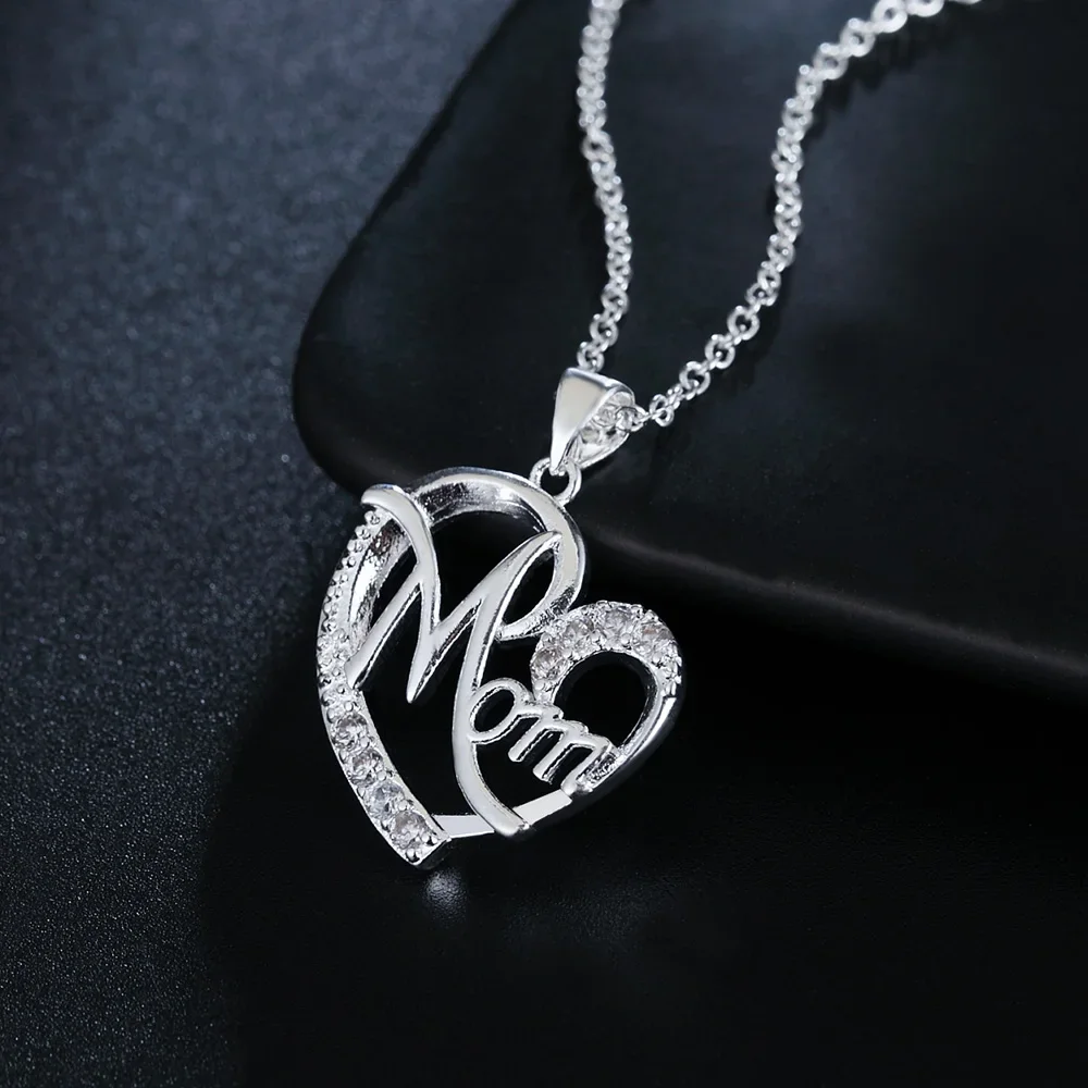 High quality 925 Sterling Silver Charm Elegant MOM Zircon Heart Pendant Necklace for Women Fashion fine Jewelry Mother Day Gift