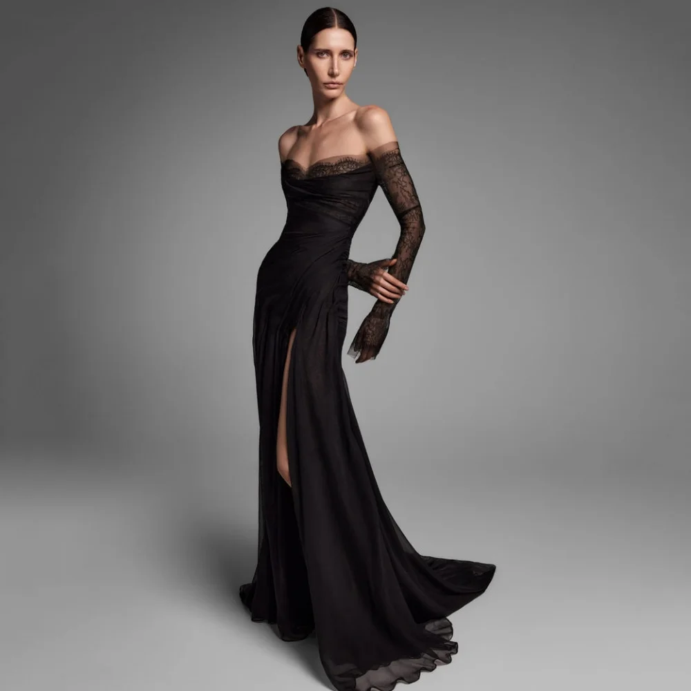 Split Black Party Gowns Strapless Customized Lace Off Shoulder Prom Dresses Mermaid Sexy Evening Dress Tulle فساتين سهرة image 3