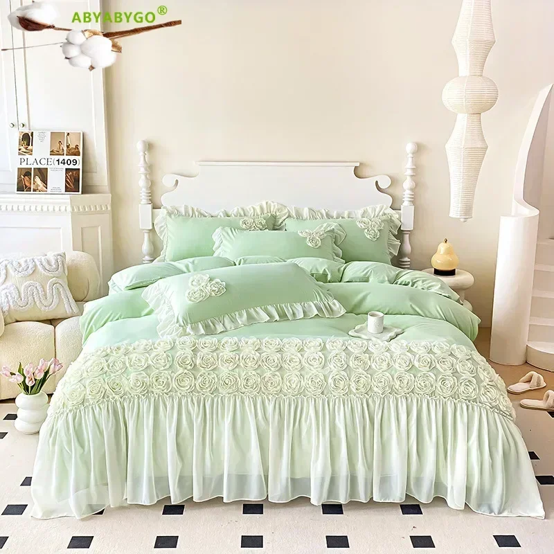 Girls Bedding Set Luxury Chic Ruffles 100%Cotton 3D Flowers Embroidery Duvet Cover Set Bed Sheet and Pillowcases Bed Set