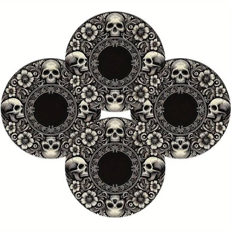 VIKAMA Retro Flower Skull Placemat - Heat Resistant Fabric Table Mat, Gothic Halloween Western Food Table Decoration