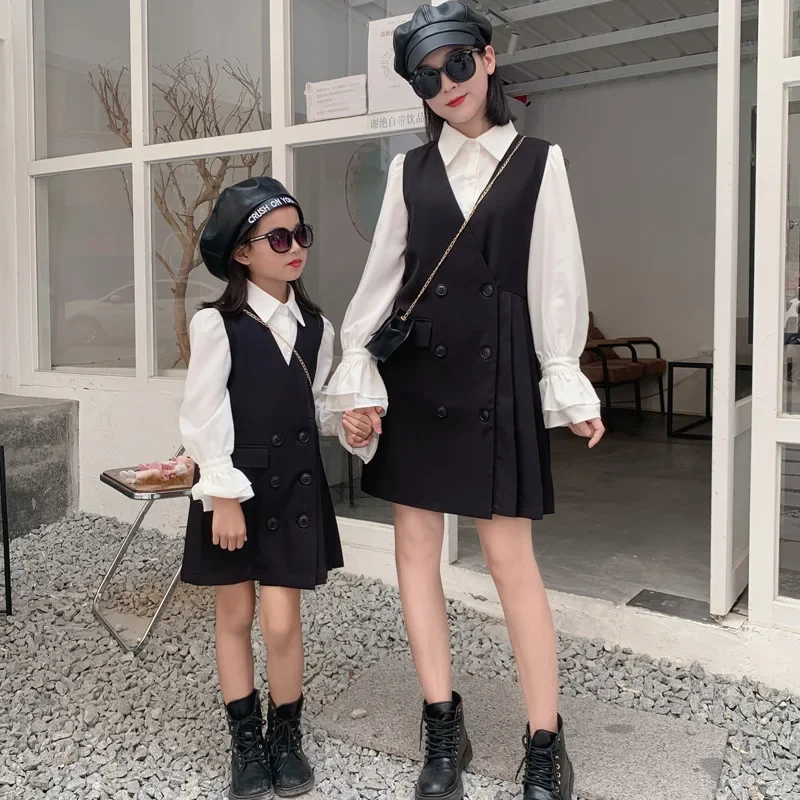 2023 Mommy And Daughter Matching Clothes Mother And Baby Girls Equal Withe Long Sleeve Blouse+Dress Outfits Women Clothing Sets