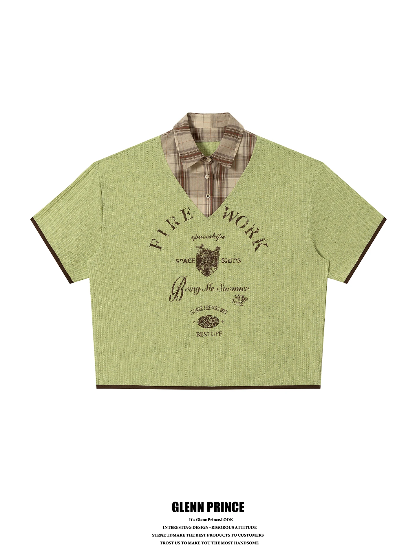 

American Retro Plaid Knitted Loose Short Sleeve V-Neck Shirt for Men Summer Casual Loose Fit Printed Polyester Fiber Top