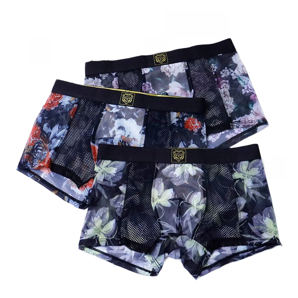 

Men Printed Casual Boxers Shorts Breathable Hollow Out Mesh Underwear Elastic Lightweight Cooling Boxer Briefs