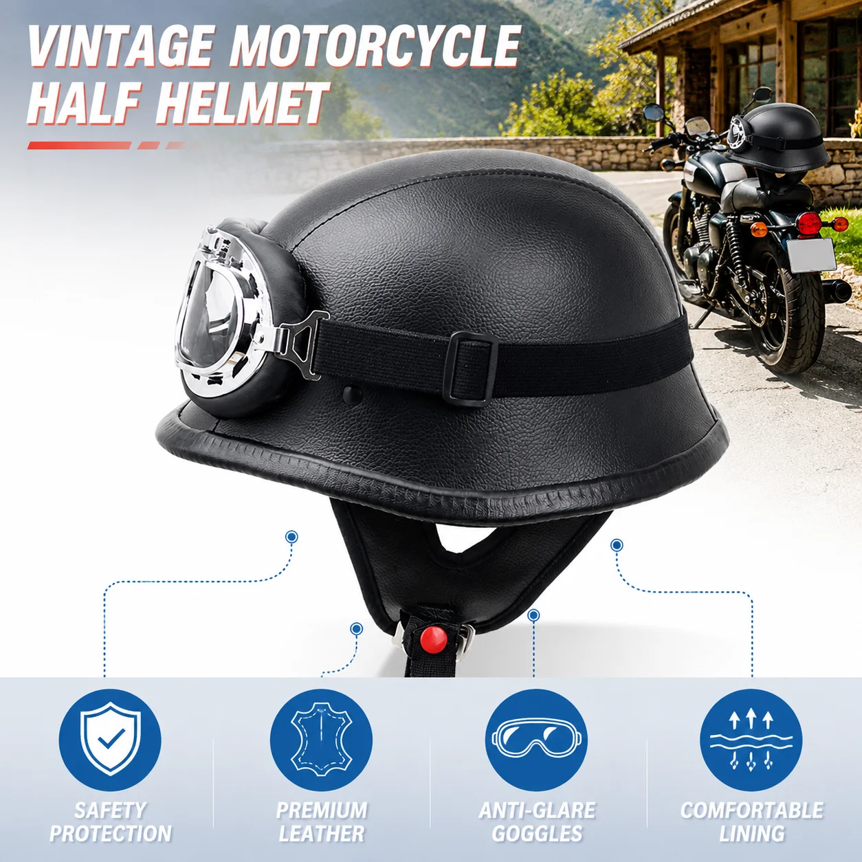 Casque demi-coque vintage en cuir pour moto, homologué DOT, pour motard, pilote, touring, cruiser, 3 tailles, léger, confortable, coupe-vent, visière résistante aux rayures, prêt à l'emploi