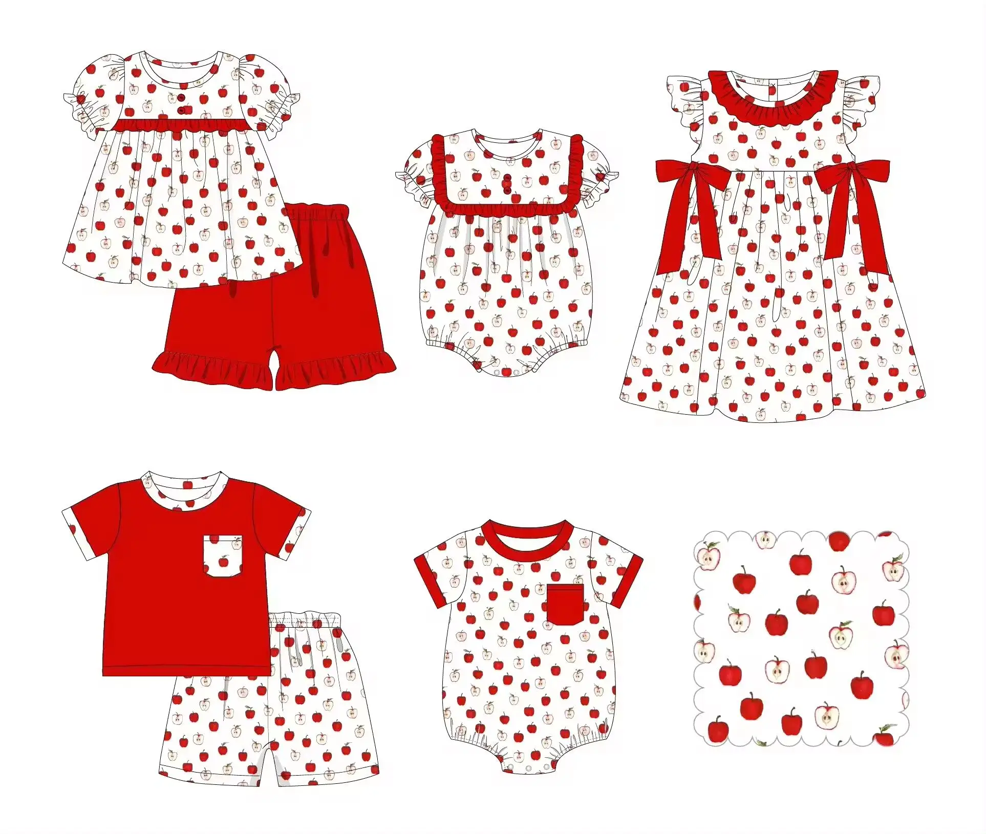 Back To School Girls Series Boutique Children Set Short Sleeve Elastic Apple Print Shorts Lace Girl Set Baby Romper Pearl Dress