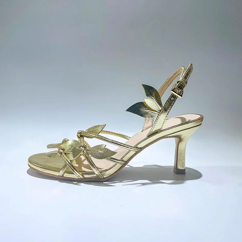 Golden Leaves Decor Sandals Stiletto Heels Elegant Luxury Dress Shoes High Heeled Retro Leather Vintage Shoes for Women Wedding