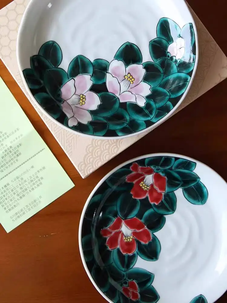 

Gift Box Set Japanese Imported Kutani W Fukuda Ryosaku Hand-Painted Red And White Camellia Flower Round Plate High-End