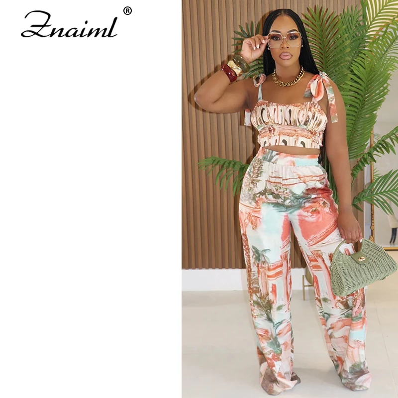 

Znaiml Women's 2-Piece Boho Pattern Streetwear Spaghetti Strap Crop Top And Wide Leg Pants Set Casual Outfit for Autumn Clothing