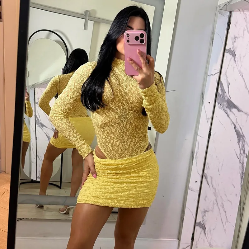 2026 New Sexy 2Pcs Outfit Yellow Lace See Through Bodysuit Matching Ruched Bodycon Mini Skirt Sets Women Clubwear Evening Party