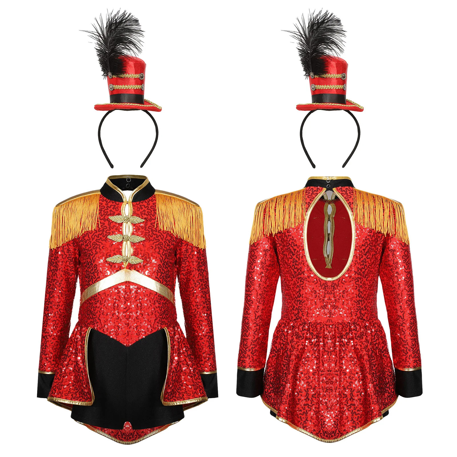 Kids Girls Circus Ringmaster Costume Long Sleeve Sequin Bodysuit Dress with Top Hat Headband for Festival Carnival Cosplay Party