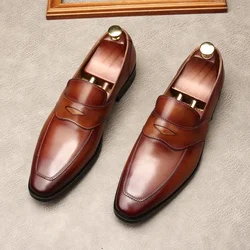 Large Size EUR46 Black / Coffee/ Brown / Wine Red Loafers Mens Dress Shoes Genuine Leather Prom Shoes Mens Wedding Shoes