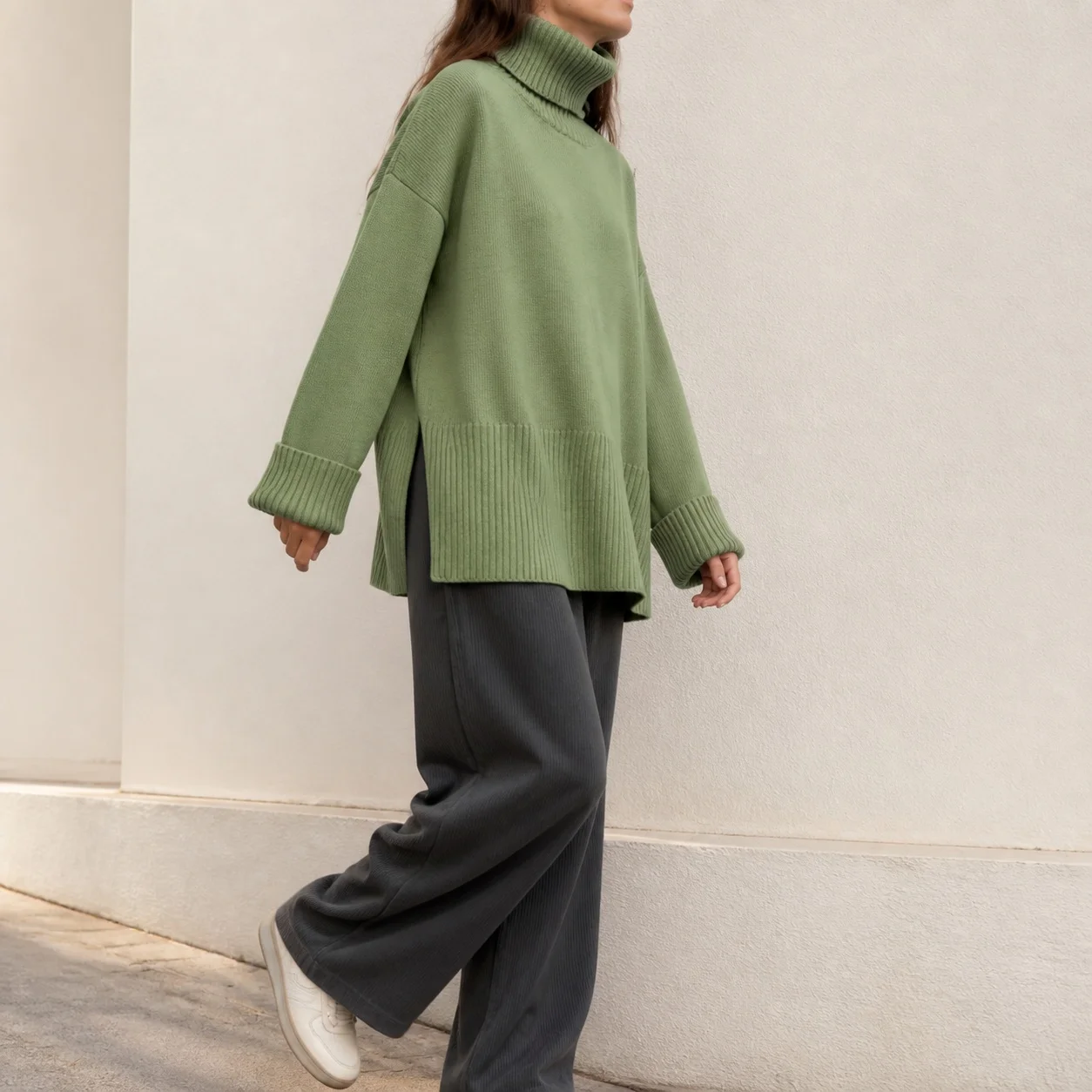 Loose Fit Pullover Sweater Regular Length Graceful Commuter with Long Sleeve Heat Set High Neck Medium Weight Women Sweater