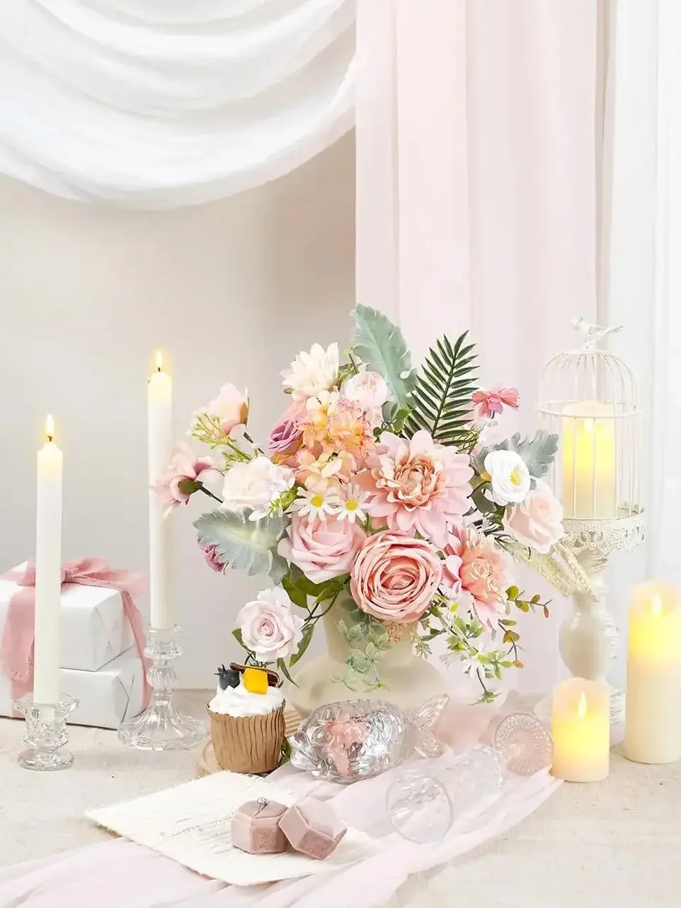 

Pink rose artificial flower combination box set, bride bouquet, outdoor/indoor DIY center item, for decoration