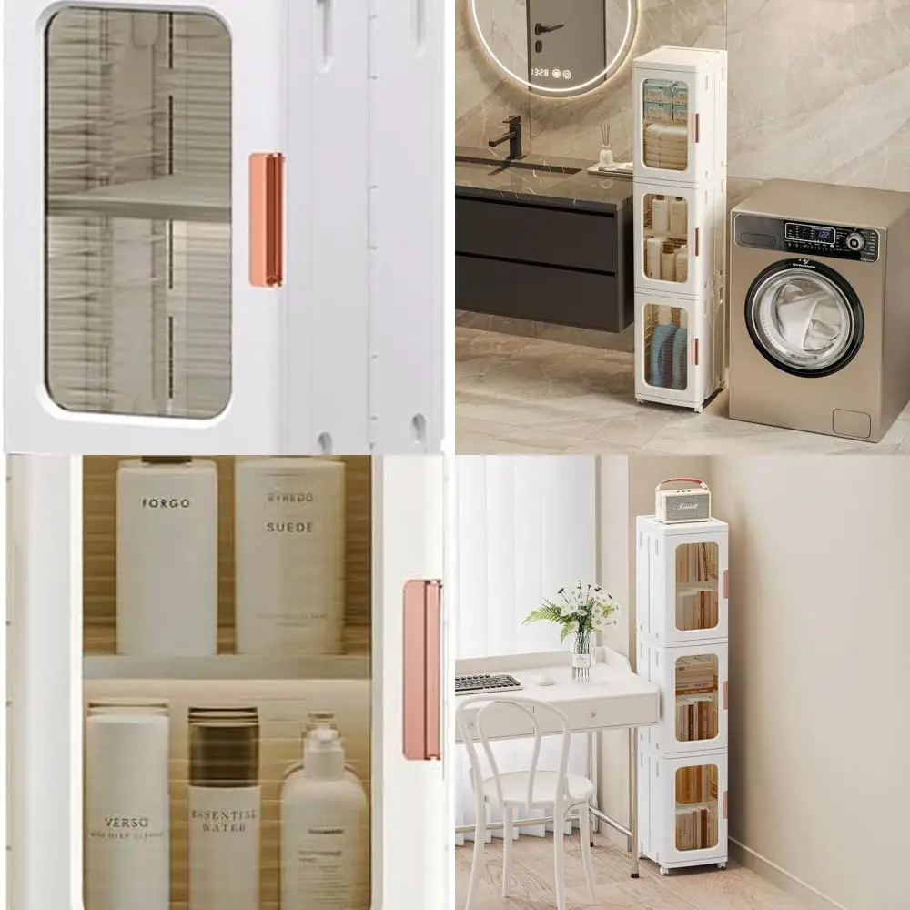 

Slimline White Bathroom Storage Cabinet with Doors, Adjustable Shelves, and 3-Tier Organizer for Toiletries and Linen
