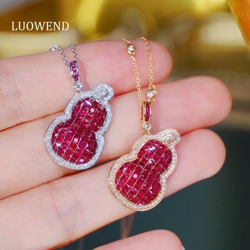 LUOWEND 100% 18K White or Rose Gold Necklace Luck Gourd Shape Luxury Diamond Natural Ruby Necklace for Women High Party Jewelry