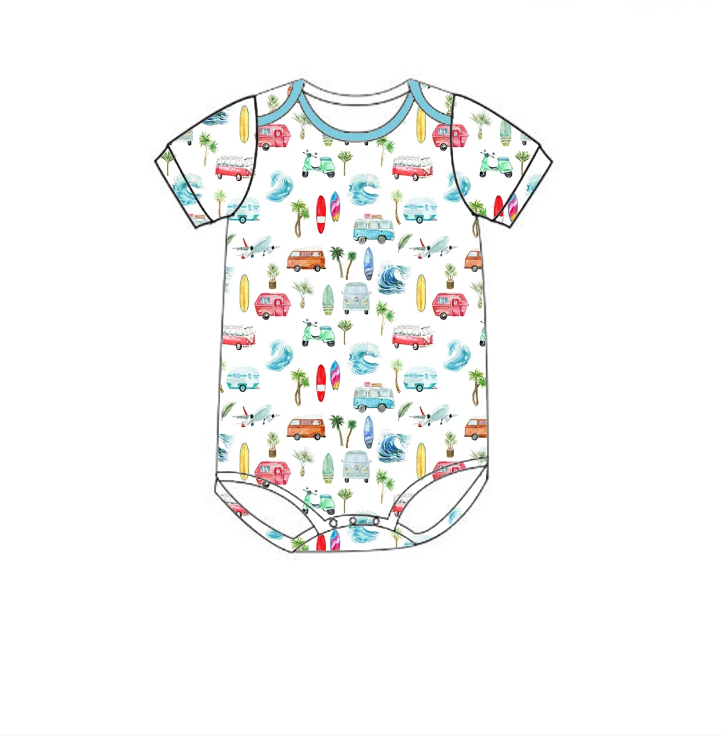 Boutique kid's rompers Crew neck short sleeves with hidden buttons beach print Custom and wholesale