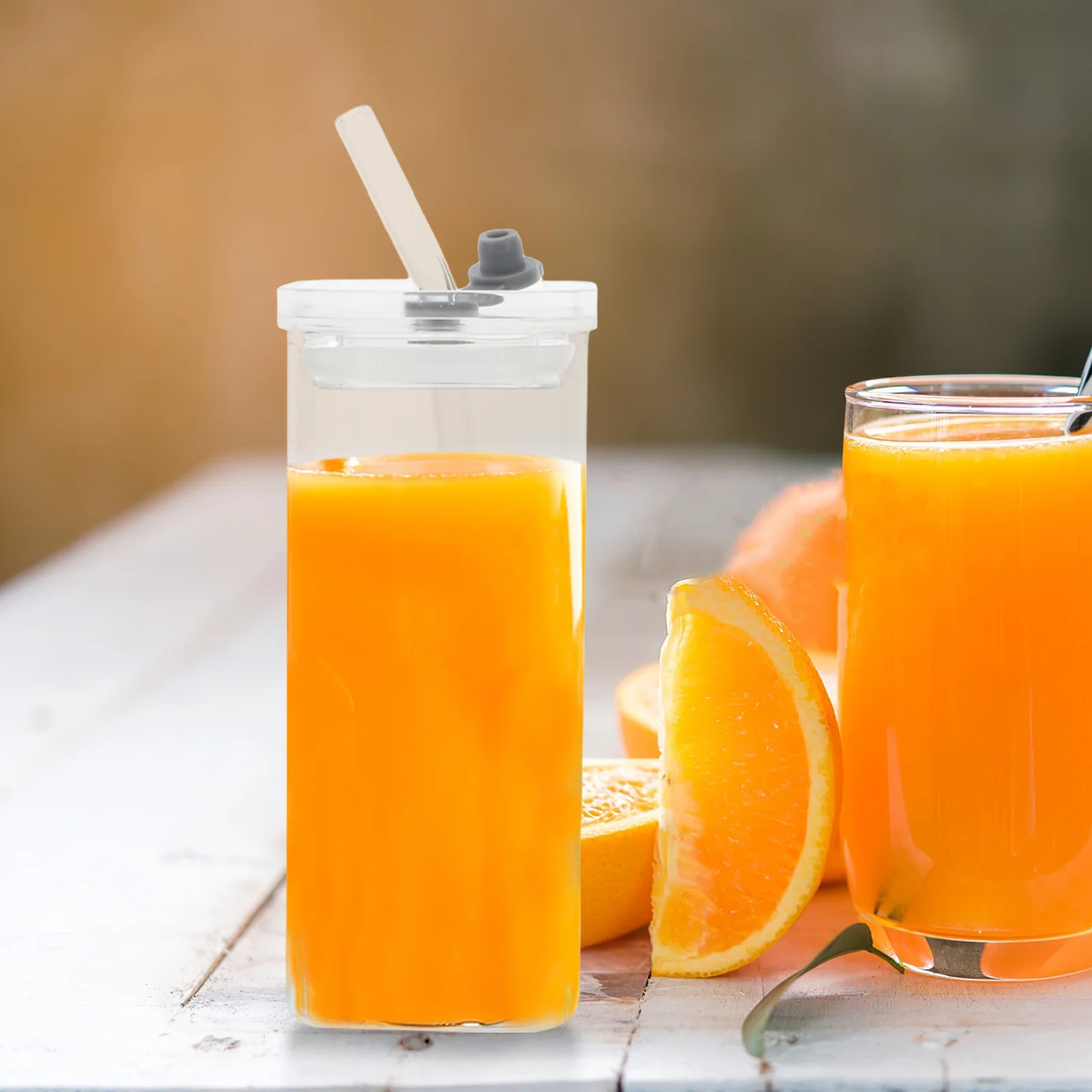 

350Ml Glass Drink Cup with Lid and Straw Square Transparent Tumbler for Juice Milk Iced Coffee Smoothie Portable Stackable Home