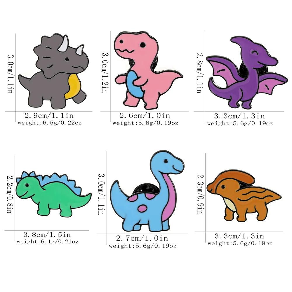 6 Styles Cartoon Dinosaur Design Enamel Pins Brontosaurus Stegosaur Pterosaur T-Rex Corythosaurus Three-Horns Shaped Brooches