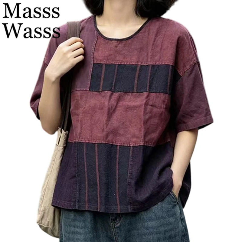 Masss Wasss 2026 Summer Vintage Patchwork Tops Womens Fashion Leisure O Neck Tee Shirts Females British Design Classic Clothes