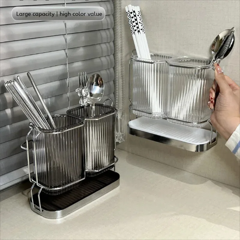 

Wall-Mounted Chopstick & Spoon Holder, Stainless Steel Cutlery Organizer, Kitchen Utensil Drying Rack with Draining Base