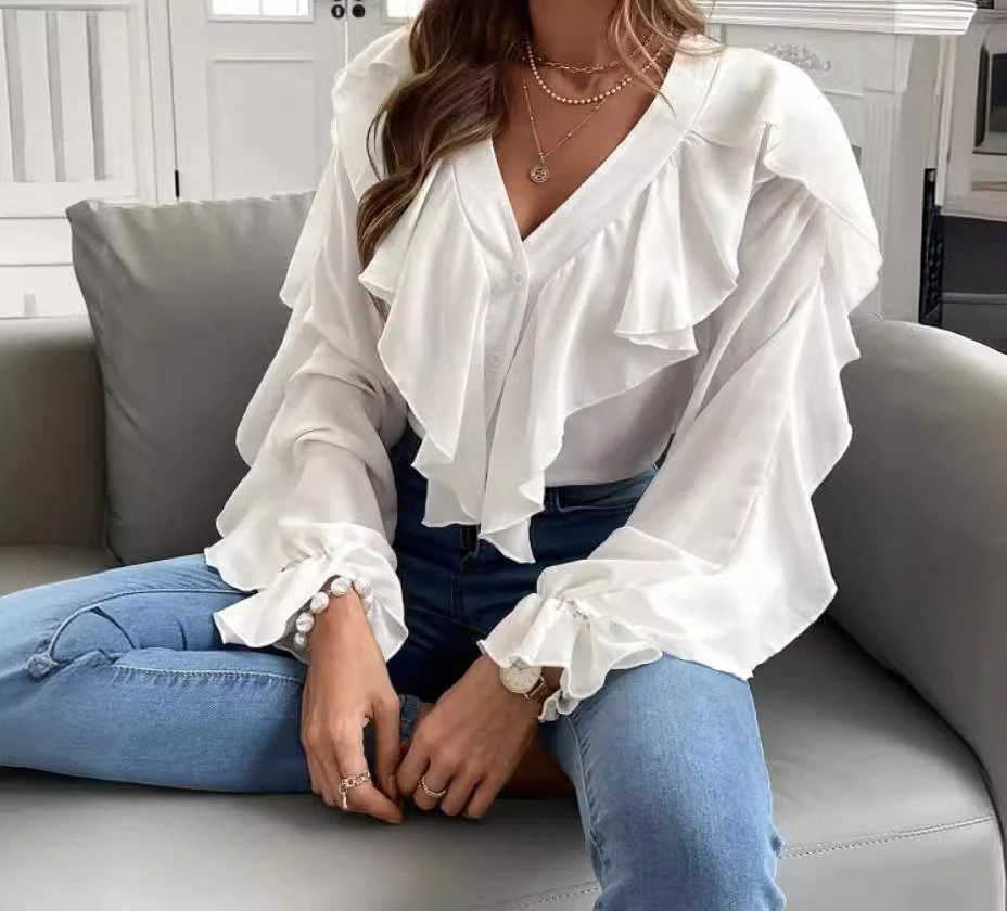 Nieuw damesshirt met V-hals en ruches van 2025, lente/zomer en lange mouwen