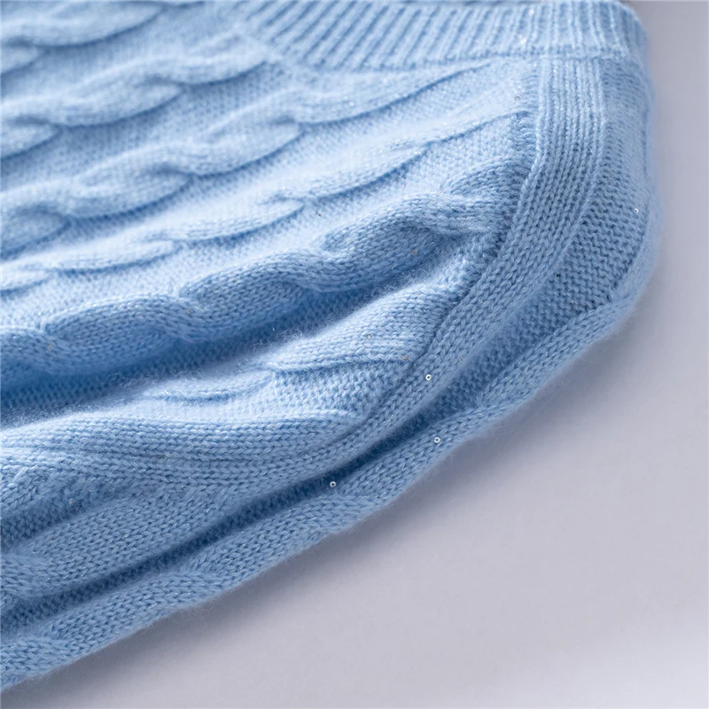 Autumn Winter Daily Womens Sweater 100% Cashmere Pullover Warm Clothes Thicked O-Neck Sequin Twisted Flower Saddle Shoulder Knit