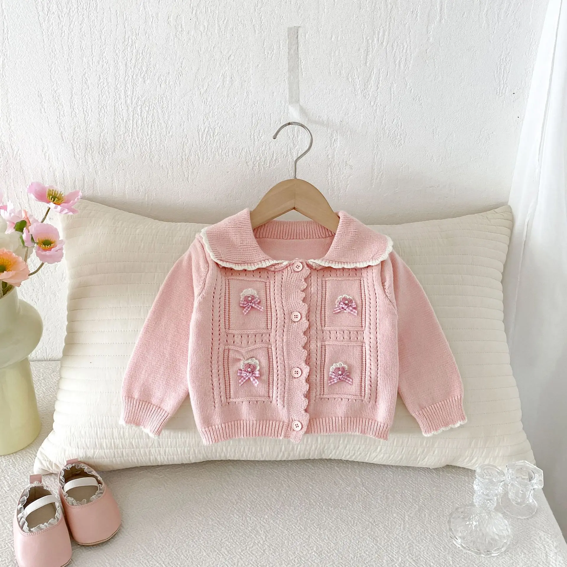 2026 Autumn New Girls Long Sleeve Knitted Coat Cute Sweet Baby Girl Lapel Sweater Cardigan Infant Toddler Clothes