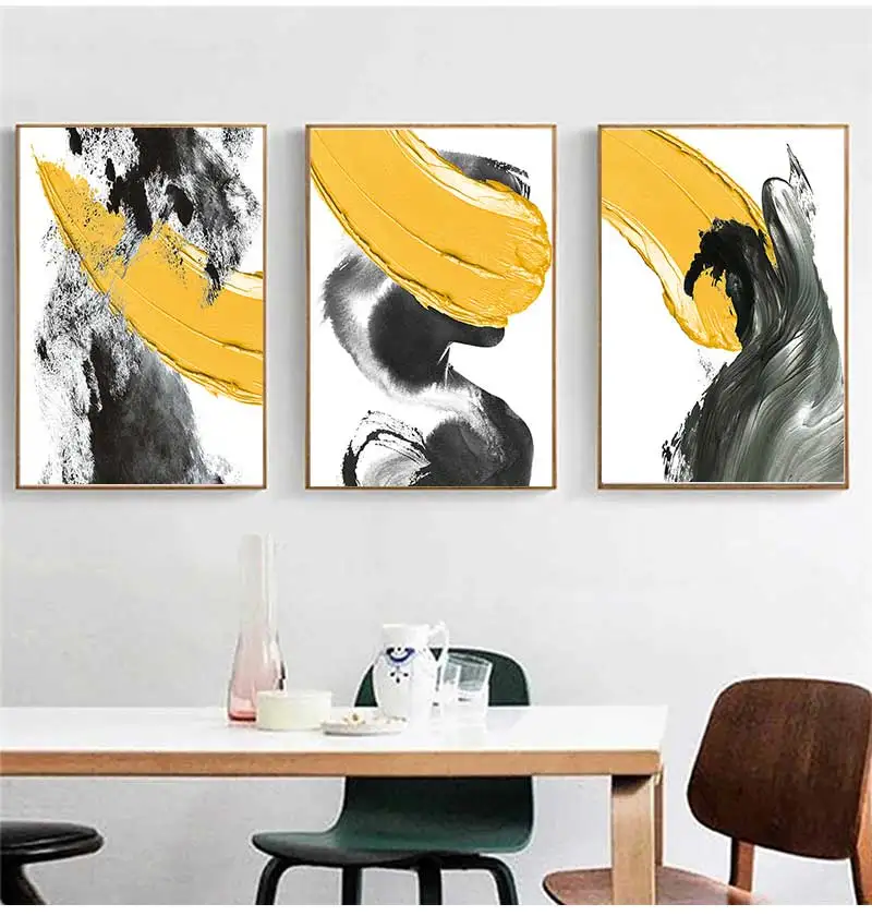 Abstract Yellow With Black Painting Printed On Canvas Nordic Wall Art Picture Prints And Poster For Room Coffee Decoration