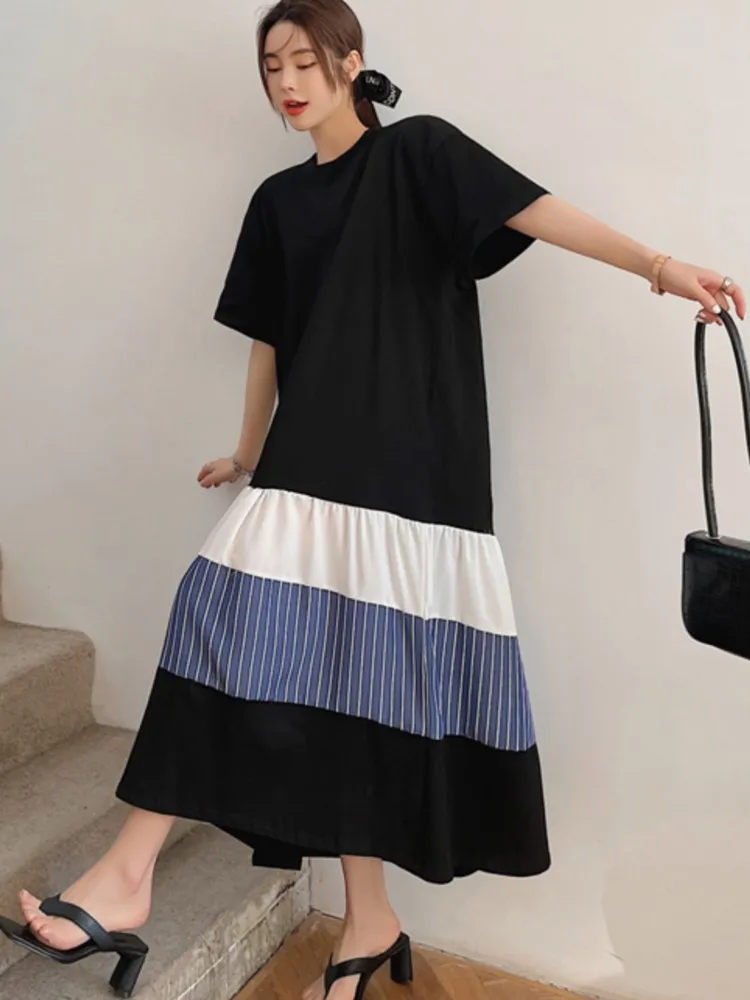 Biglarge ストライプ Tシャツドレス女性の夏のパッチワークルーズドレス女性韓国のエレガントなレディースドレス Vestidos