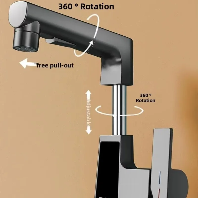 2026 Modern Bathroom Sink Faucet Swivel Lift Pull Out Digital Display Temperature Control Single Handle Deck Mounted Basin Tap