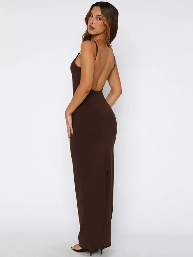 XIAOTANG Spaghetti sangle dos nu Sexy robe Maxi femmes robe mode solide sans manches dos fendu moulante Club fête longue robe